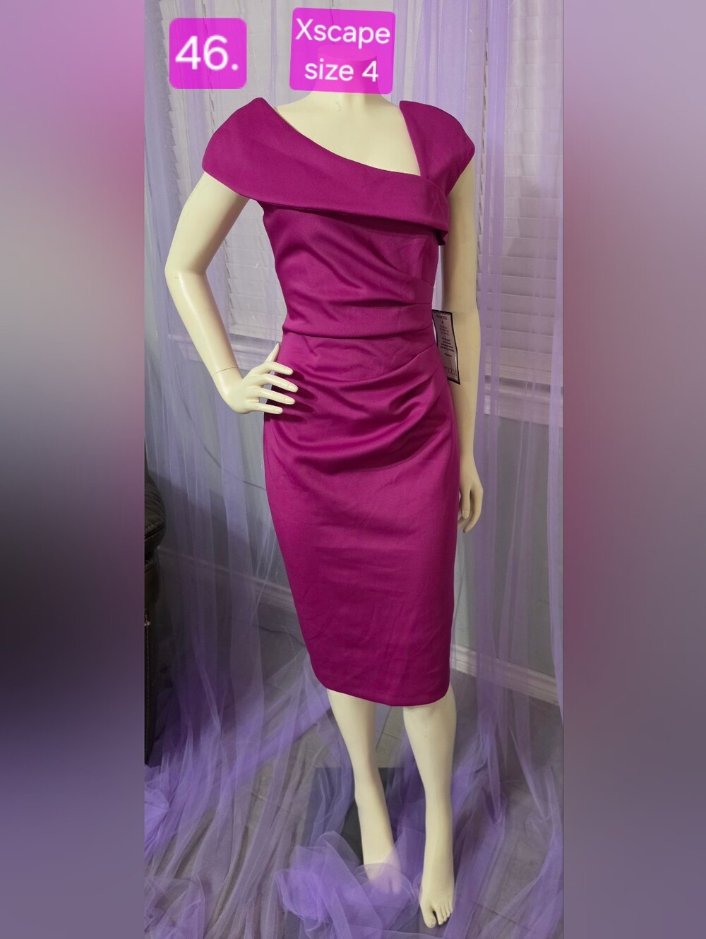 Xscape Magenta Off-Shoulder Midi Sheath Dress